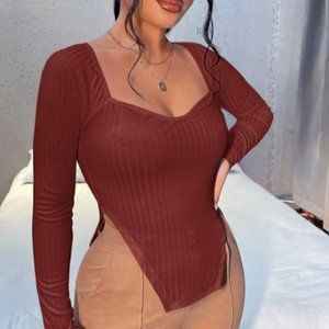 SHEIN SXY Raglan Sleeve Split Hem Rib-knit Tee